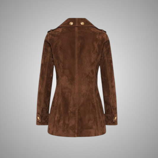 Women's Luxury Double-Breasted Brown Suede Trench Coat with Gold Buttons