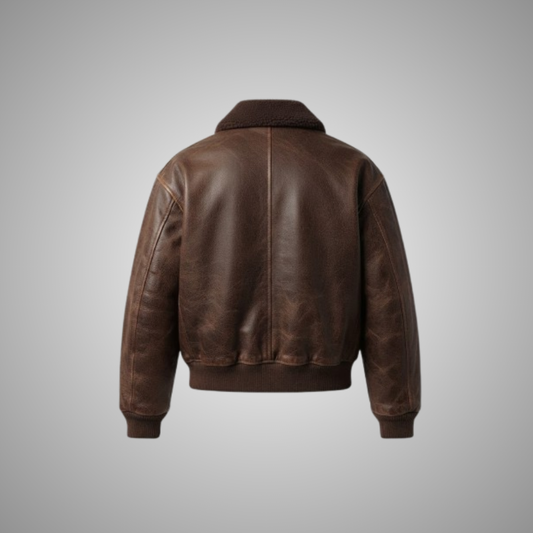 Women's Classic Distressed Brown Leather Bomber Jacket with Sherpa Collar