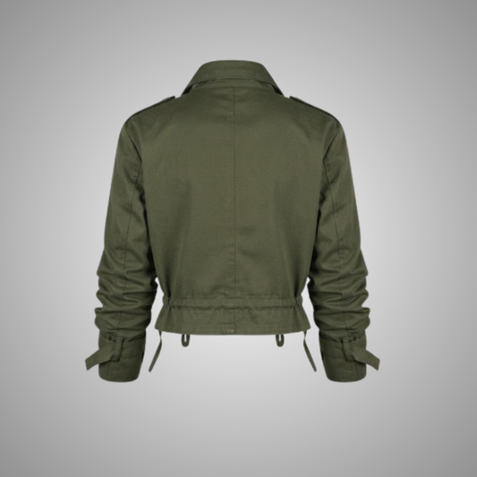 Women's Olive Green Utility Crop Jacket with Multi-Pockets