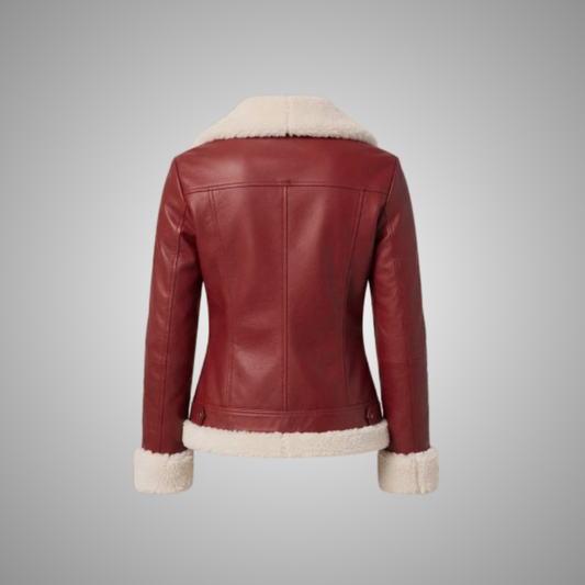 Women's Classic Red Leather Biker Jacket with Faux Shearling Trim