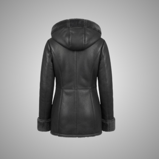 Women's Black Leather Hooded Shearling Coat with Asymmetric Zip