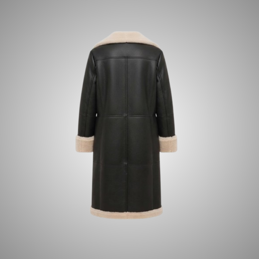 Women's Black Leather Hooded Shearling Coat with Asymmetric Zip