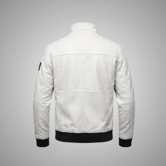 Men's Casual Stand Collar White Bomber Jacket With Multi Pockets