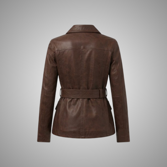 Women's Vintage Brown Belted Multi-Pocket Leather Jacket