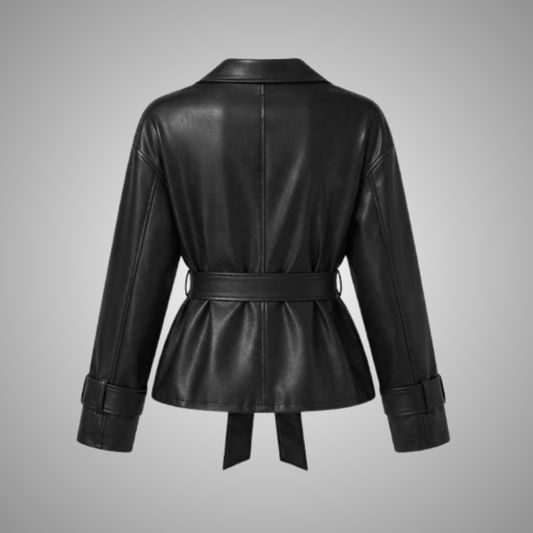 Women's Classic Black Belted Faux Leather Jacket