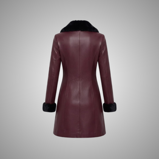 Women's Maroon Faux Leather Coat with Black Fur Trim