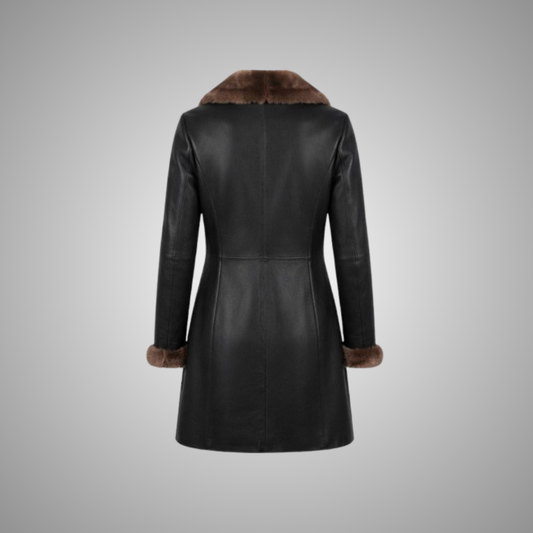 Women's Classic Black Leather Coat with Brown Fur Trim