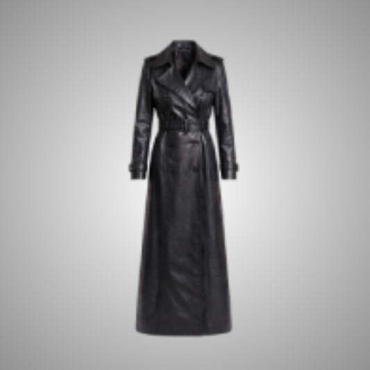 Women's Long Black Faux Leather Trench Coat