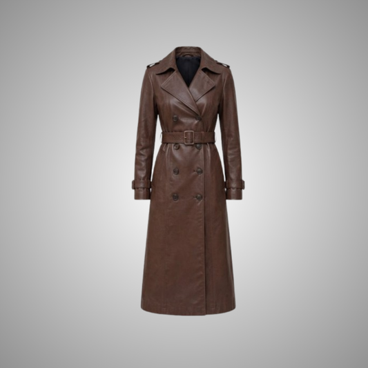 Women's Long Brown Faux Leather Trench Coat
