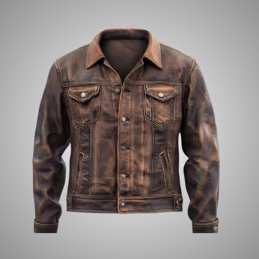 Men's Distressed Brown Leather Trucker Jacket