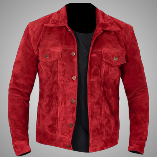 Men's Classic Red Suede Leather Trucker Jacket