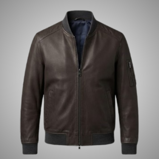 Men's Classic Brown Leather Bomber Jacket