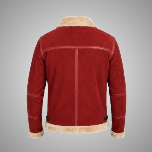 Men's Red Suede Shearling Jacket Fur Aviator Bomber