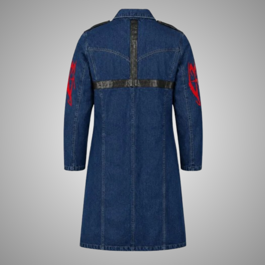 Men's Blue Denim Trench Coat Anime Red Symbol Cosplay