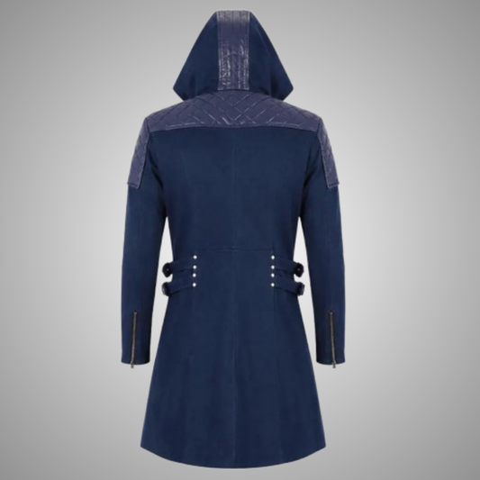 Men's Blue Hooded Trench Coat Assassin Gaming Cosplay