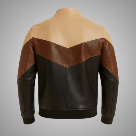 Men's Tri-Color Faux Leather Bomber Jacket Casual Retro