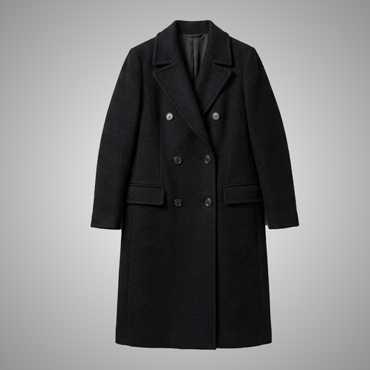Women's Black Wool Blend Long Double-Breasted Trench Coat