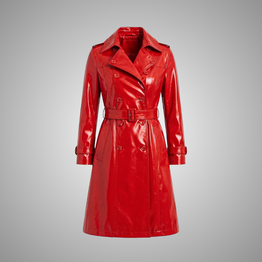 Women's Red Patent PVC Double-Breasted Trench Coat