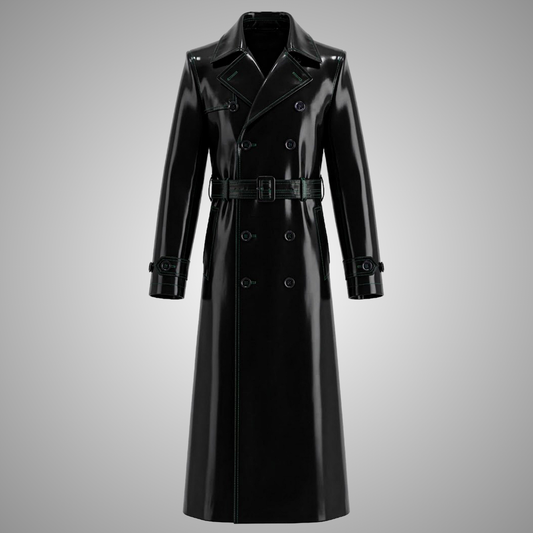 Women's Black Patent PVC Long Double-Breasted Trench Coat