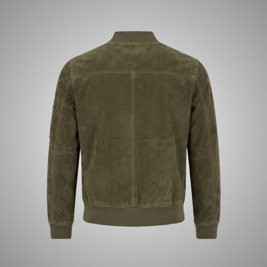 Men's Olive Green Suede Bomber Jacket Utility Pockets