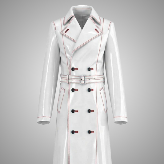 Women's White Patent PVC Long Double-Breasted Trench Coat