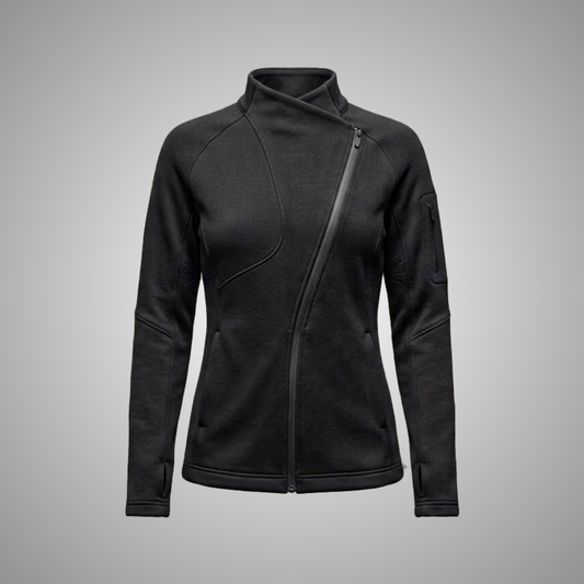 Women's Black Asymmetric Zip Fleece Jacket Thumbhole Cuffs