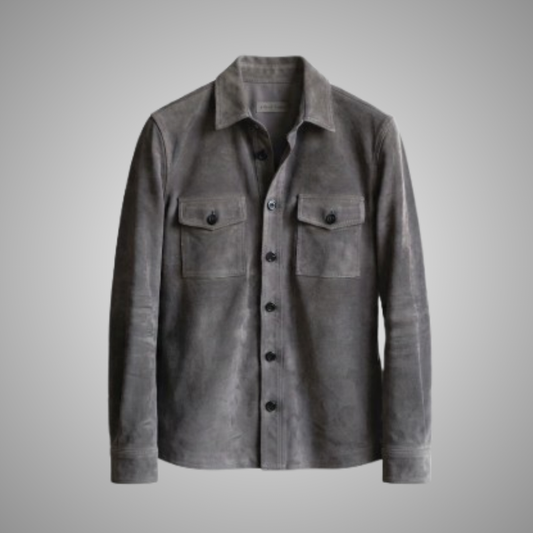 Men's Grey Suede Leather Shirt Jacket Overshirt