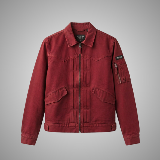 Men's Red Cotton Canvas Utility Jacket Zip Pocket