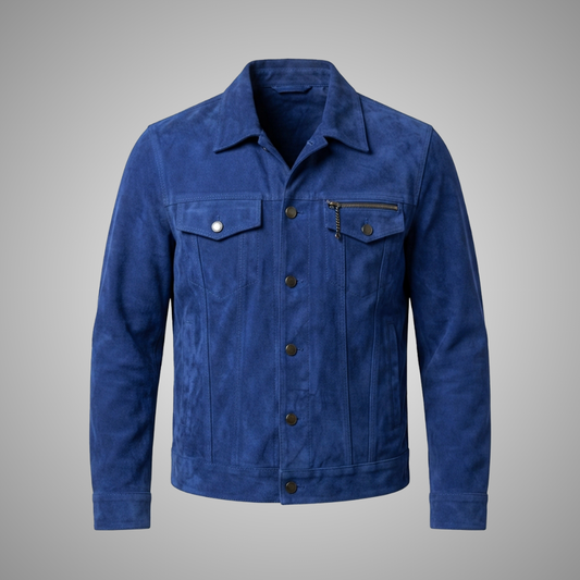 Men's Royal Blue Suede Leather Trucker Jacket Chain Pocket