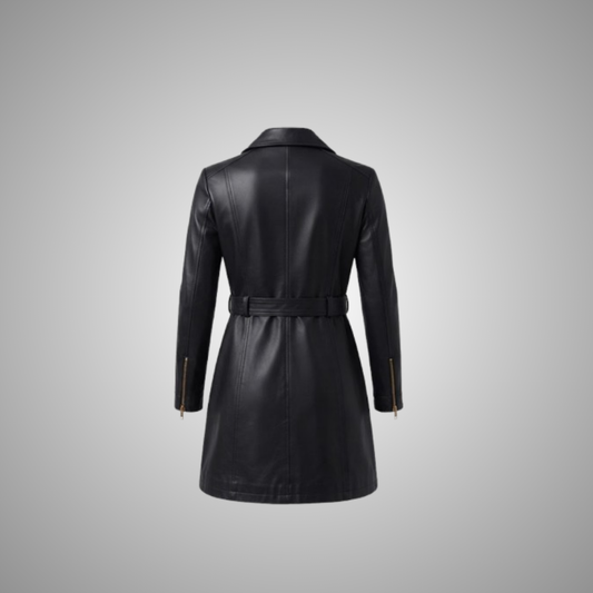 Women's Long Black Faux Leather Trench Coat