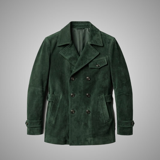Men's Emerald Green Suede Leather Double-Breasted Coat