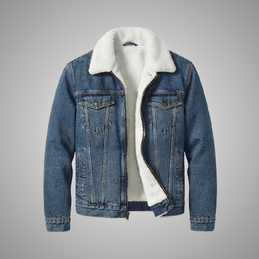 Men's Blue Denim Sherpa Lined Trucker Jacket With Fur