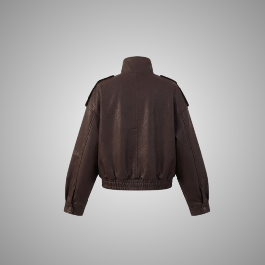Women's Brown Oversized Faux Leather Bomber Jacket