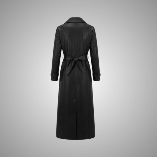 Women's Long Black Faux Leather Trench Coat