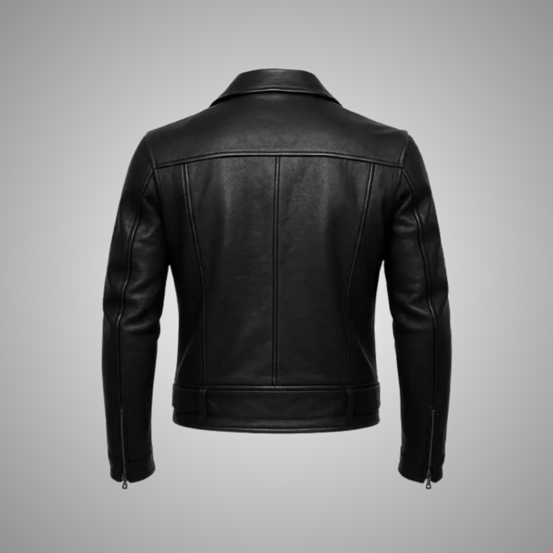 Men’s Classic Black Asymmetrical Leather Biker Jacket – Vintage Motorcycle Leather Jacket