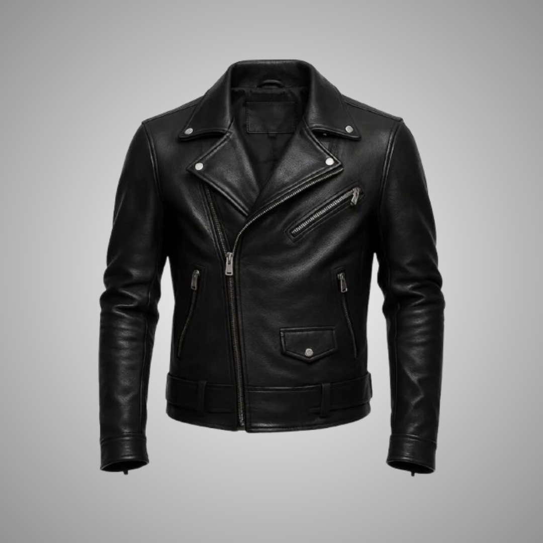 Men’s Classic Black Asymmetrical Leather Biker Jacket – Vintage Motorcycle Leather Jacket