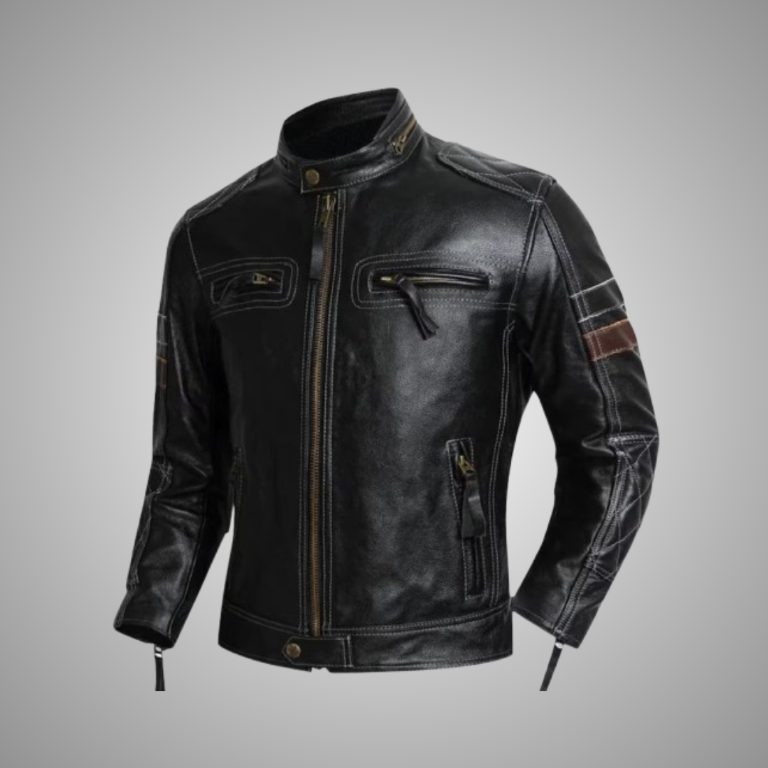 Men’s Distressed Black Vintage Leather Cafe Racer Jacket – Biker Style Outerwear