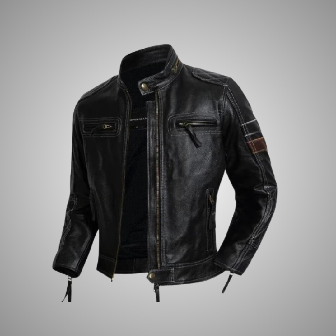 Men’s Distressed Black Vintage Leather Cafe Racer Jacket – Biker Style Outerwear