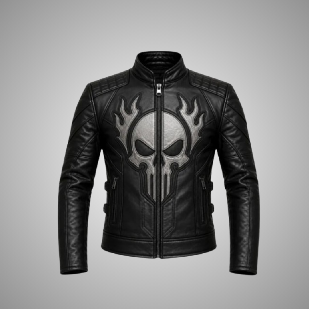 Men’s Punisher Skull Flame Leather Jacket – Black Biker Motorcycle Jacket