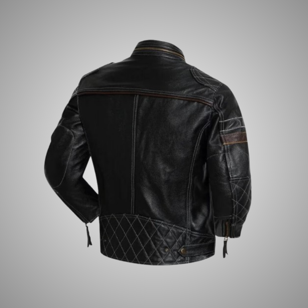 Men’s Distressed Black Vintage Leather Cafe Racer Jacket – Biker Style Outerwear