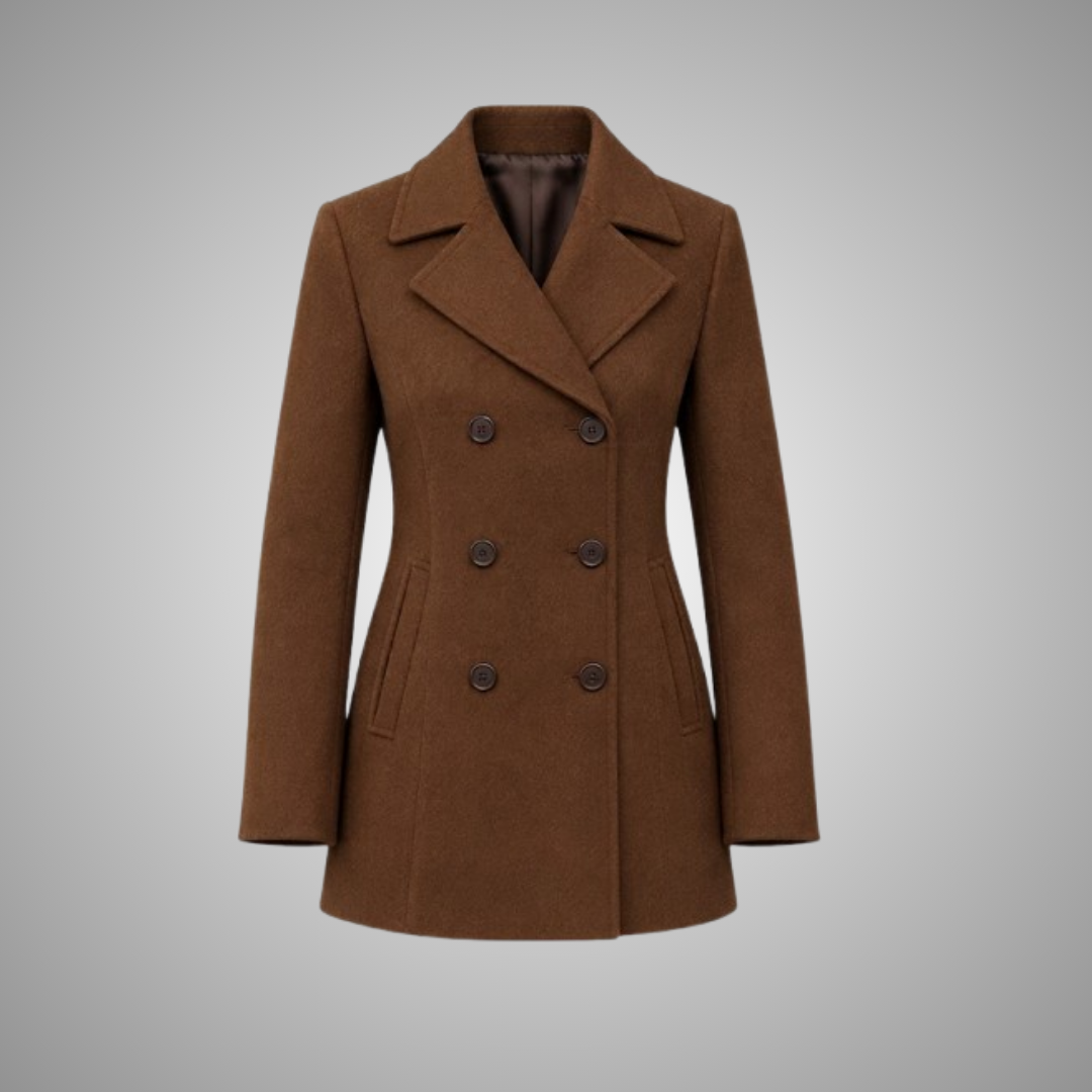 Classic Brown Double-Breasted Wool Blend Coat for Women