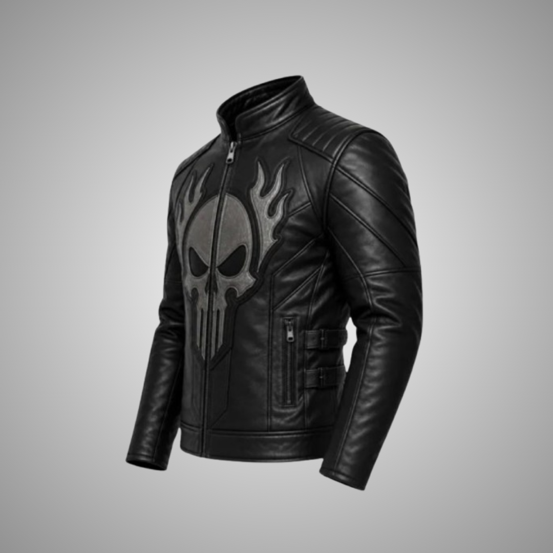 Men’s Punisher Skull Flame Leather Jacket – Black Biker Motorcycle Jacket