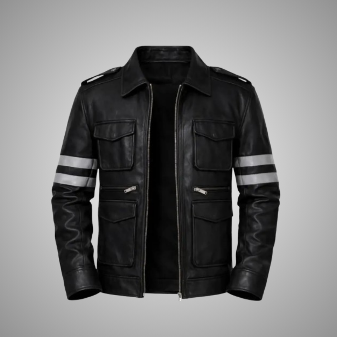 Men’s Gaming Cosplay Black Leather Jacket – Tactical Military Style Biker Jacket