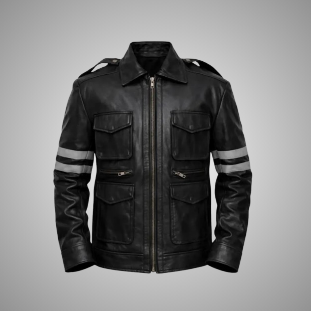 Men’s Gaming Cosplay Black Leather Jacket – Tactical Military Style Biker Jacket