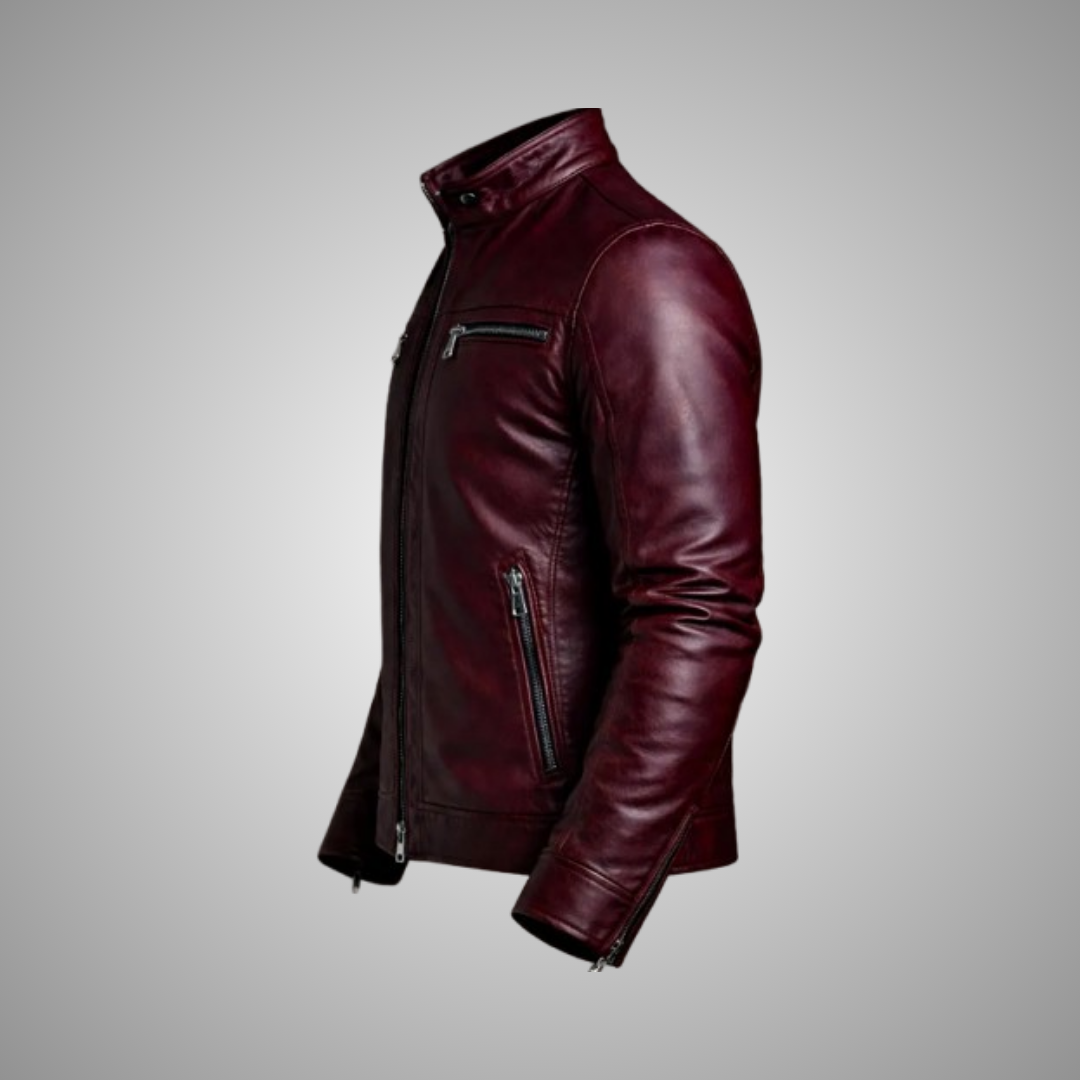 Men’s Maroon Leather Cafe Racer Jacket – Vintage Burgundy Biker Jacket