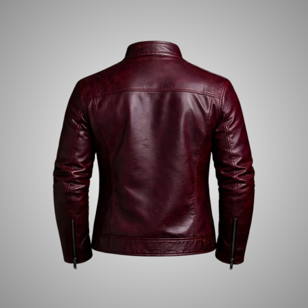 Men’s Maroon Leather Cafe Racer Jacket – Vintage Burgundy Biker Jacket