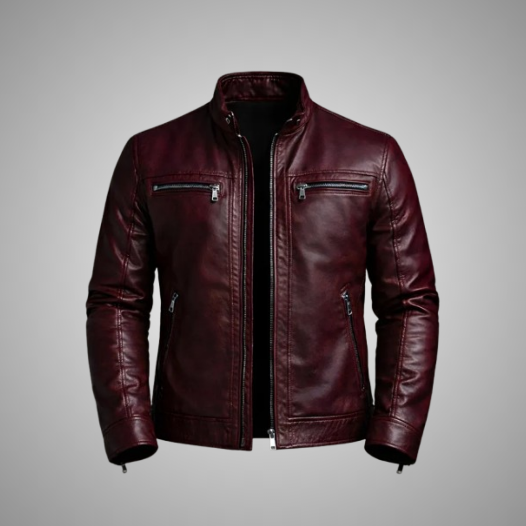 Men’s Maroon Leather Cafe Racer Jacket – Vintage Burgundy Biker Jacket