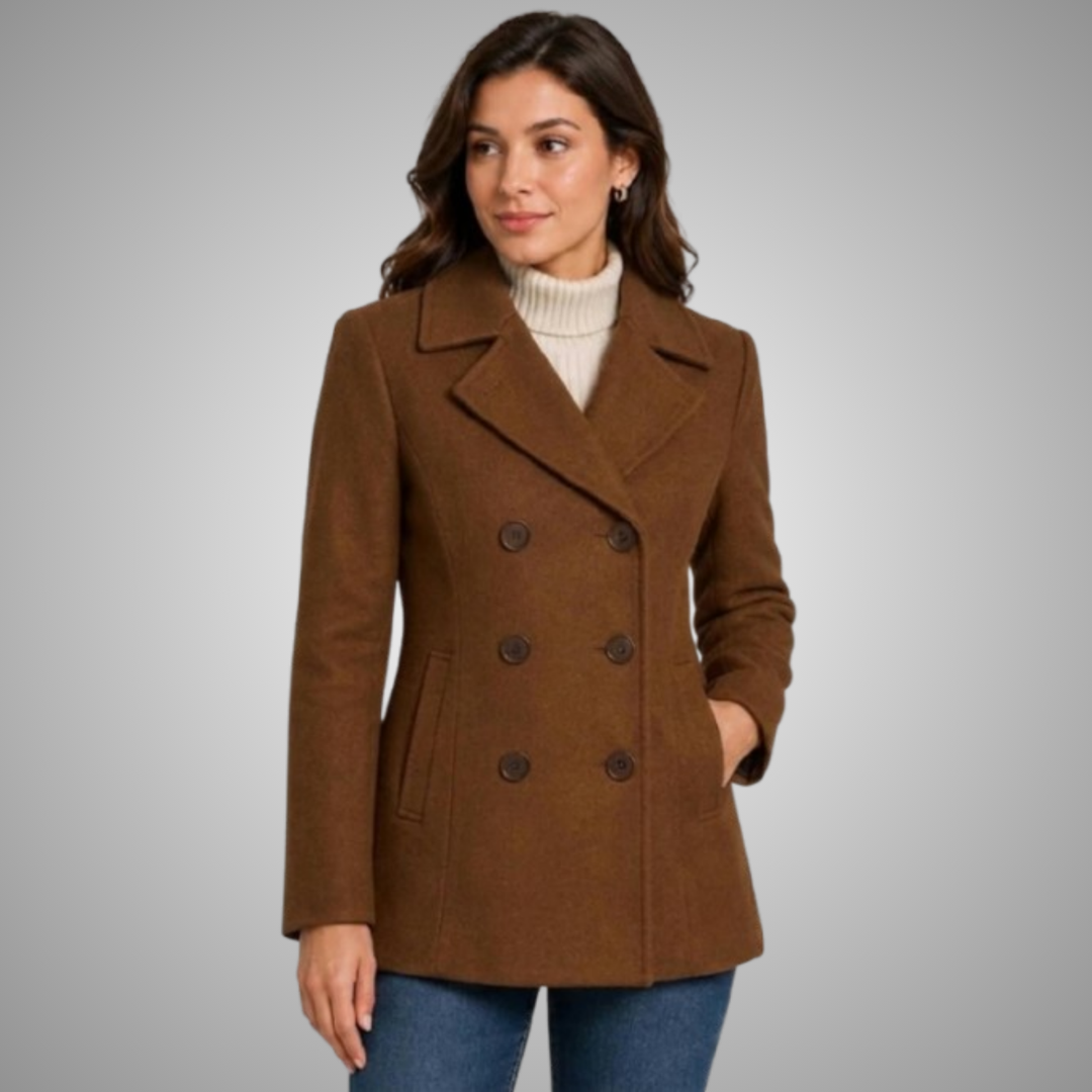 Classic Brown Double-Breasted Wool Blend Coat for Women