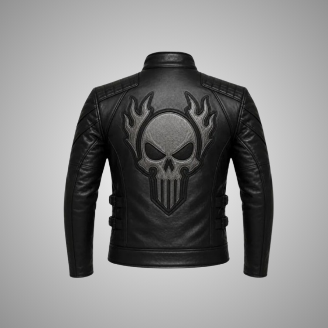 Men’s Punisher Skull Flame Leather Jacket – Black Biker Motorcycle Jacket