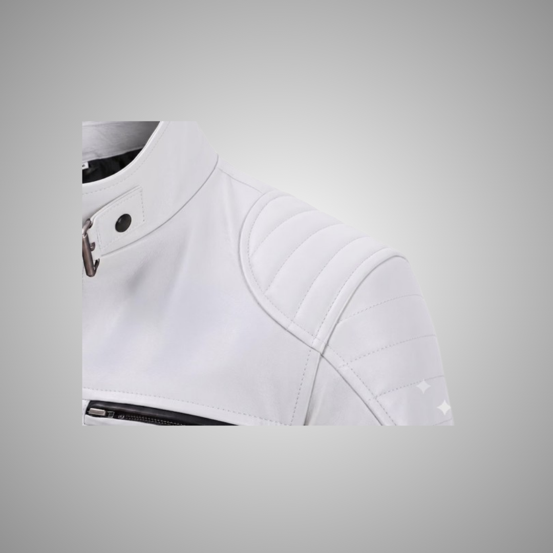 Men’s Off-White Leather Cafe Racer Jacket – Padded Shoulder Biker Jacket